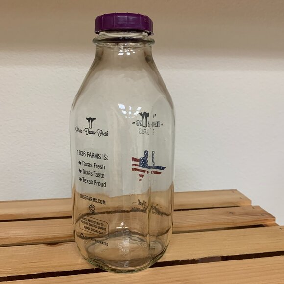 BOTTLE - 32oz 1836 FARMS glass milk bottle purple cap Terrell Texas, FLAG 10" - Picture 3 of 9